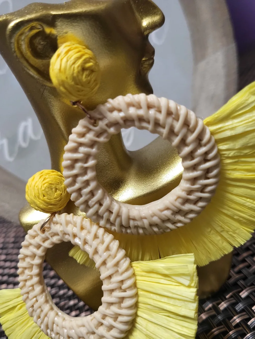 Handcrafted Cream and Yellow Woven Hoop Drop Earrings